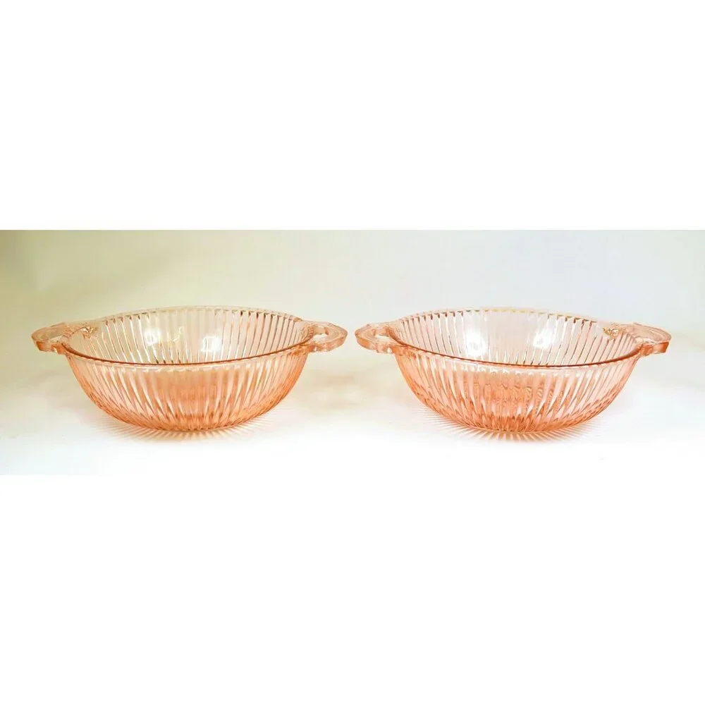 Anchor Hocking Queen Mary Pink 2-Handle Serving & Berry Bowl Set - 1930s Glass - Picture 4 of 6